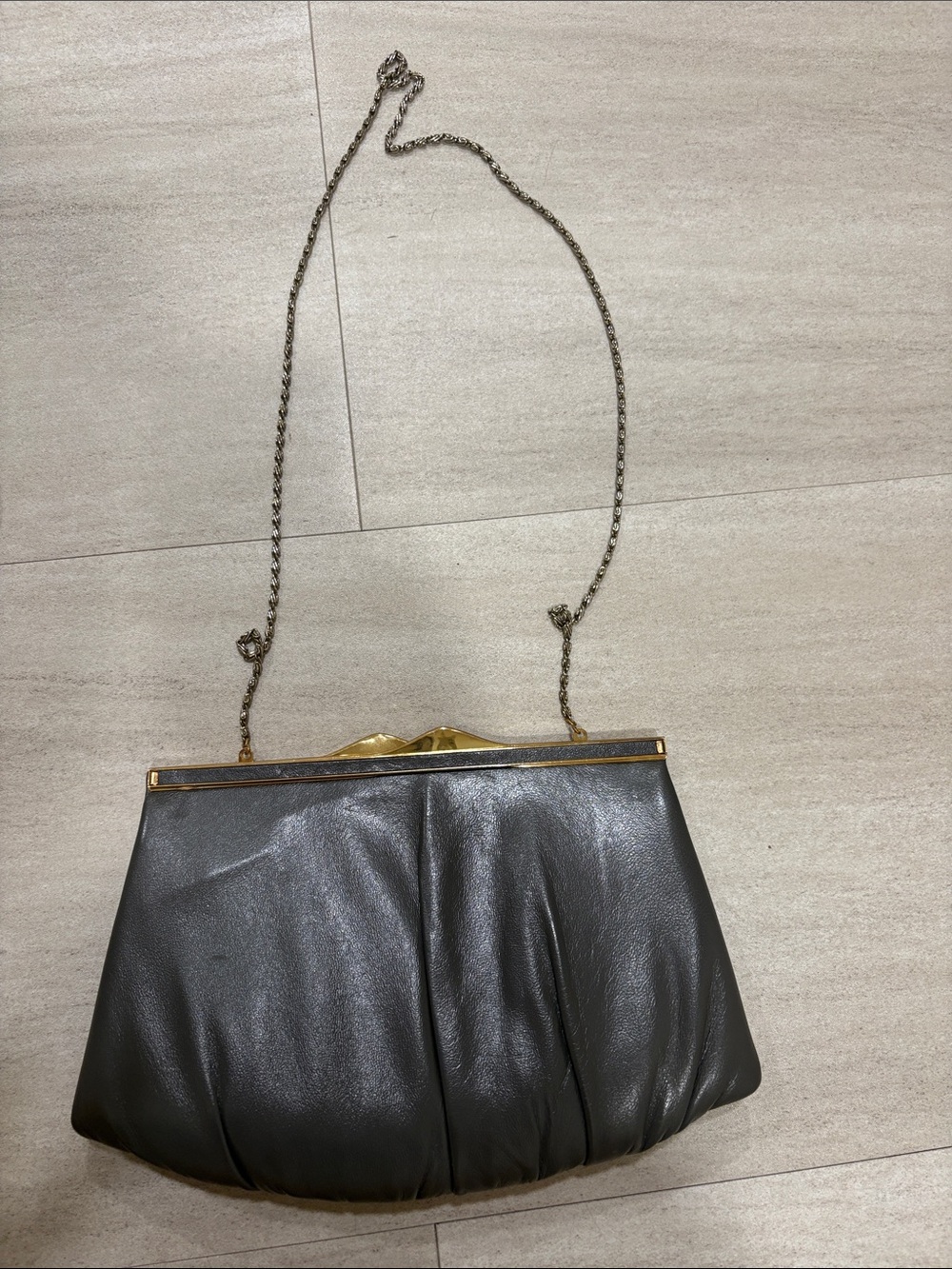 Vintage Grey Leather Chain-Handle Evening Clutch